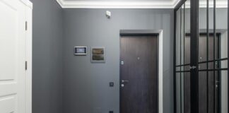 Nowoczesny przedpokój w mieszkaniu z lustrzaną szafą i drewnianą podłogą